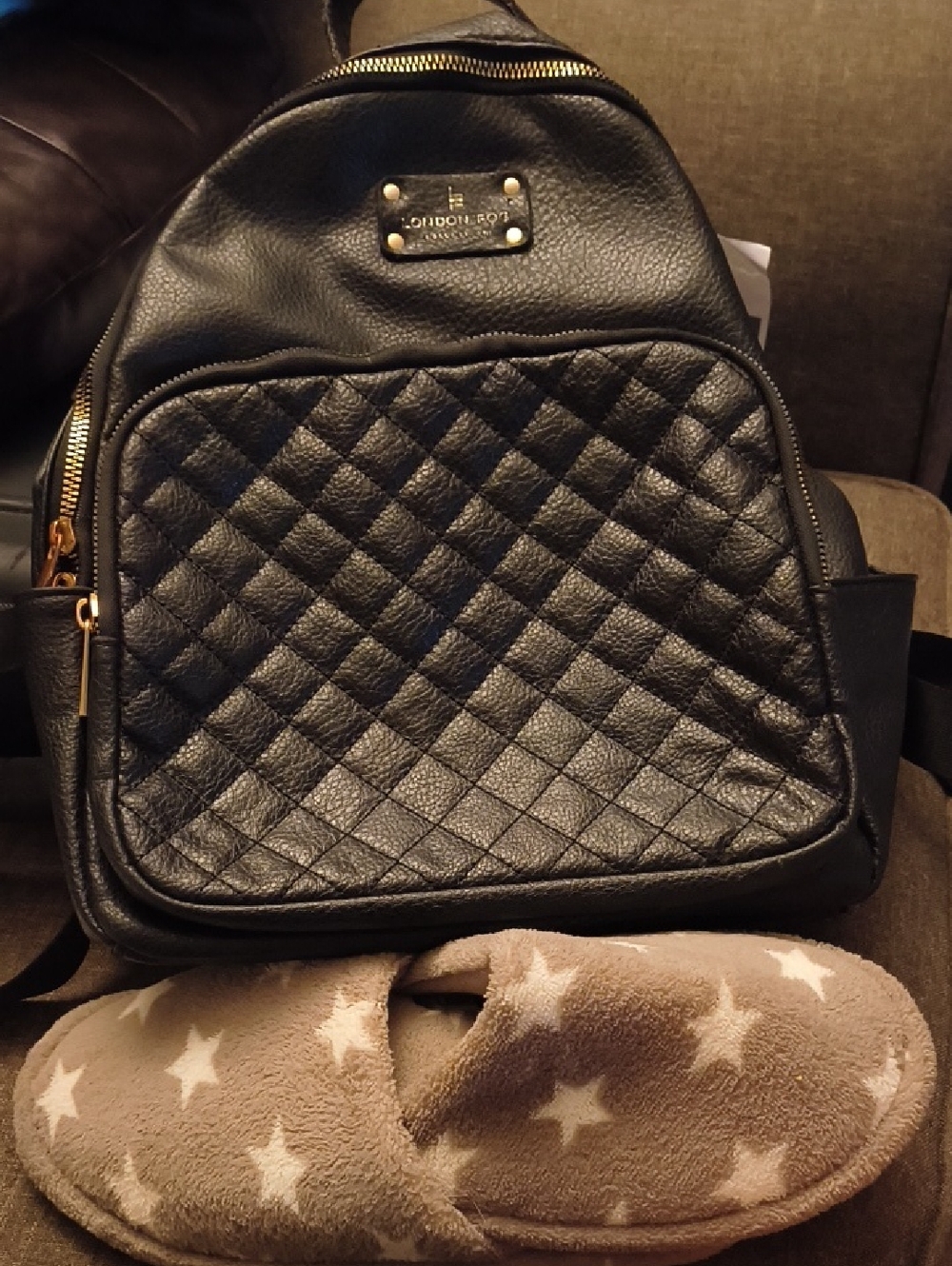 London Fog Black Quilted Leatherette Backpack with Gold Hardware
